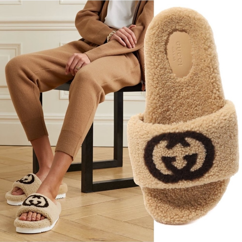 GUCCI MERINOS GG SHEARLING FUR PLATFORM SLIDES 37
